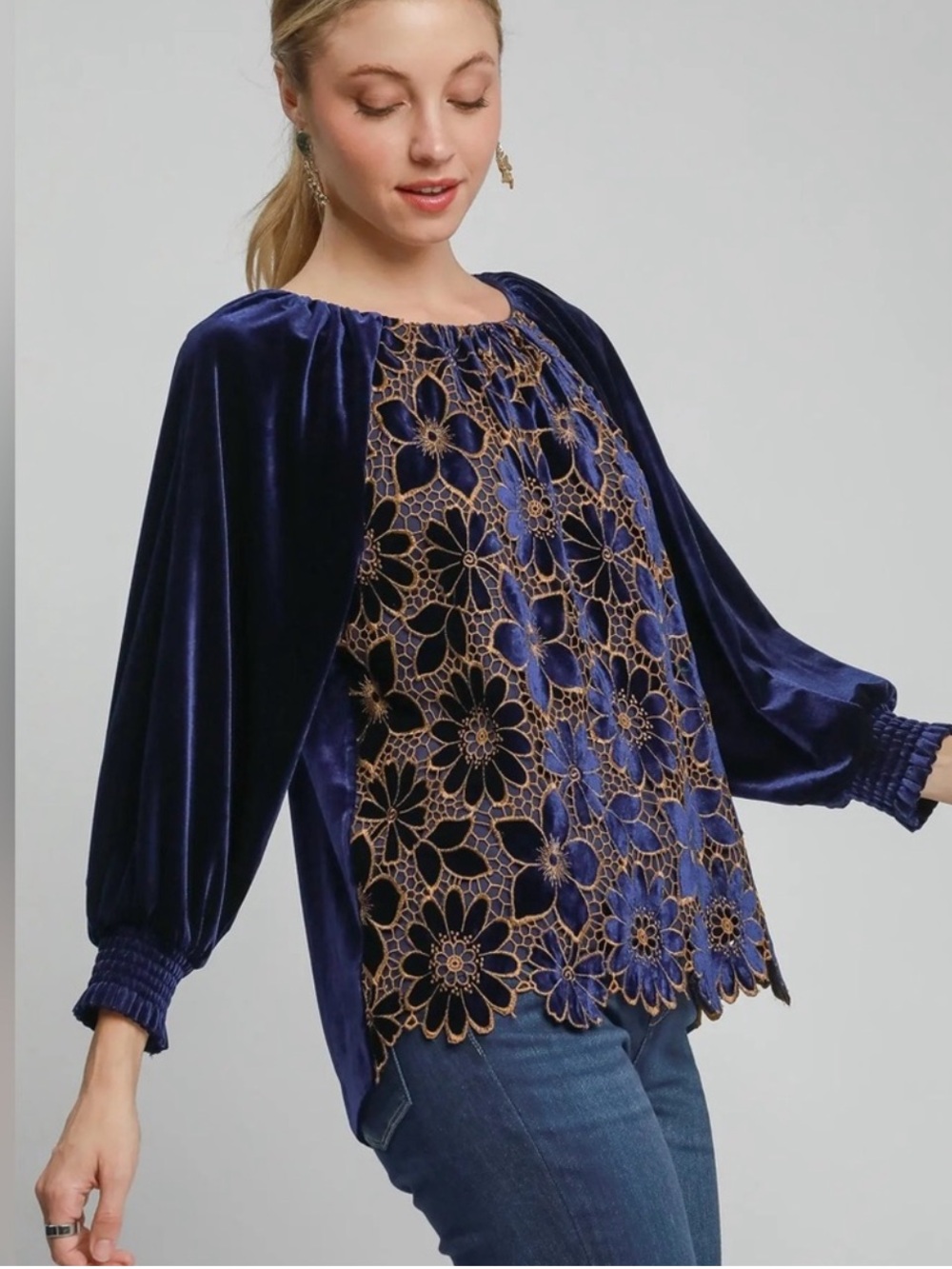 Velvet Floral Lace Panel Blouson Sleeve Top - Navy